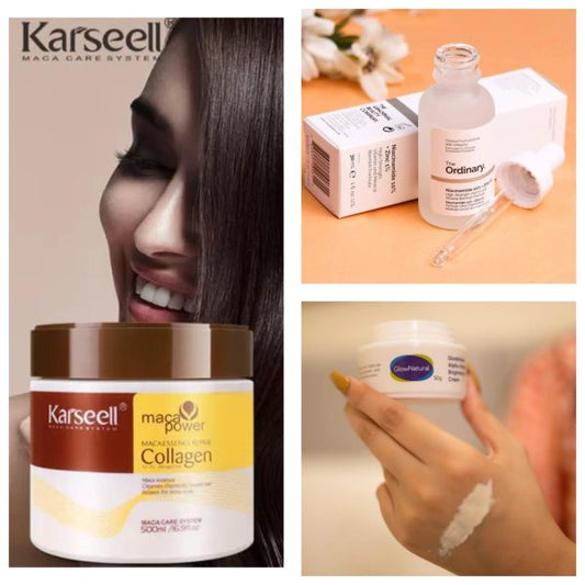 Pack Of 3 Karseell Hair Mask (500ml) + The Ordinary Skin Brightening Niacinamide 10% Serum (30ml) + Glow Natural Glutathione Alpha Arbutin Skin Brightening Cream (50g)