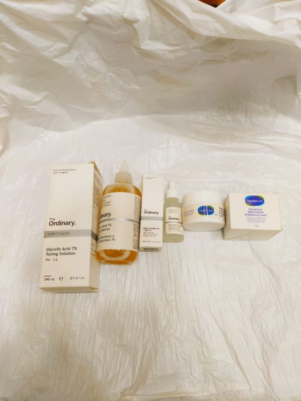 Pack Of 3 The Ordinary Glycolic Acid (240ml) + The Ordinary Skin Brightening Niacinamide 10% Zinc 1% serum (30ml) + Glow Natural Glutathione Alpha Arbutin Skin Brightening Cream (50g)